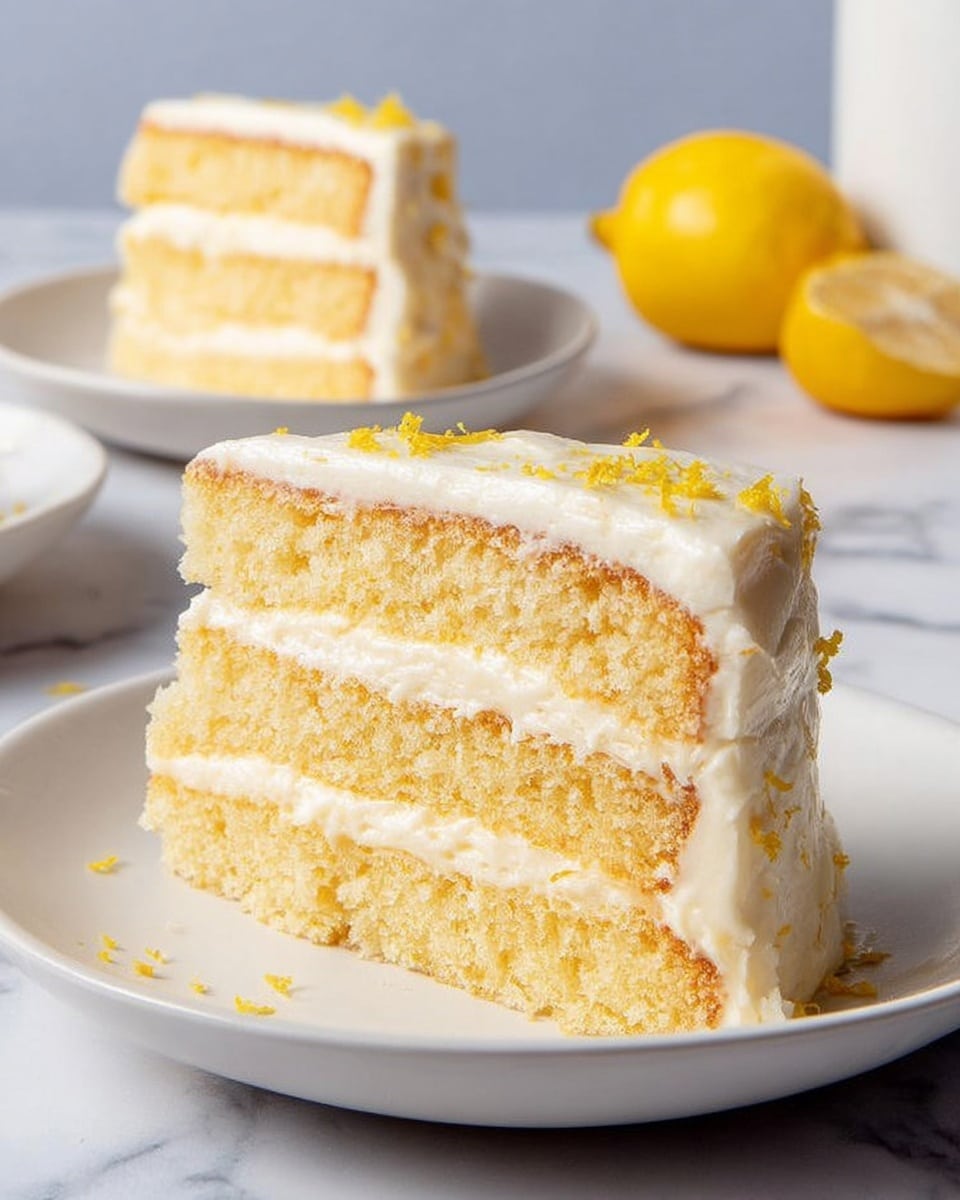 A slice of three-layer lemon cake sits on a white plate with white creamy frosting between each light yellow cake layer and on top, sprinkled lightly with small lemon zest pieces. In the background, there is another similar slice on a white plate, and a whole lemon is placed on the white marbled surface. The cake looks soft and slightly crumbly, with the frosting smooth and creamy. Photo taken with an iphone --ar 4:5 --v 7
