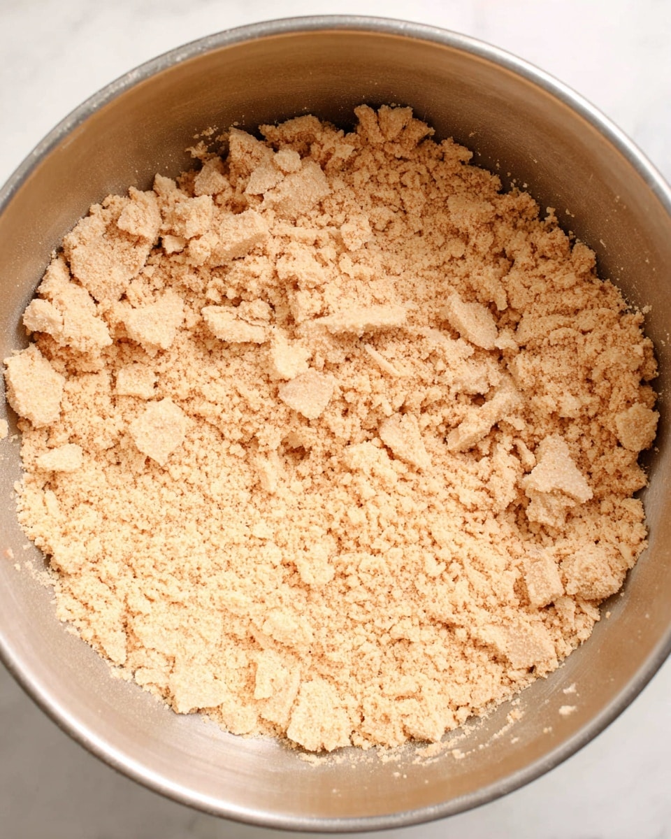 The image shows a close-up of a metal mixing bowl filled with a layer of fine, light brown crumbs with some larger, rough chunks scattered on top. The crumbs have a soft, grainy texture and the colors range from pale beige to light tan. The bowl's metallic surface has a smooth, slightly brushed finish and reflects light softly. The crumbs fill most of the bowl, sitting flat with small uneven areas made by the larger crumb pieces. The photo is taken on a white marbled background, highlighting the warm tones of the crumbs. Photo taken with an iphone --ar 4:5 --v 7