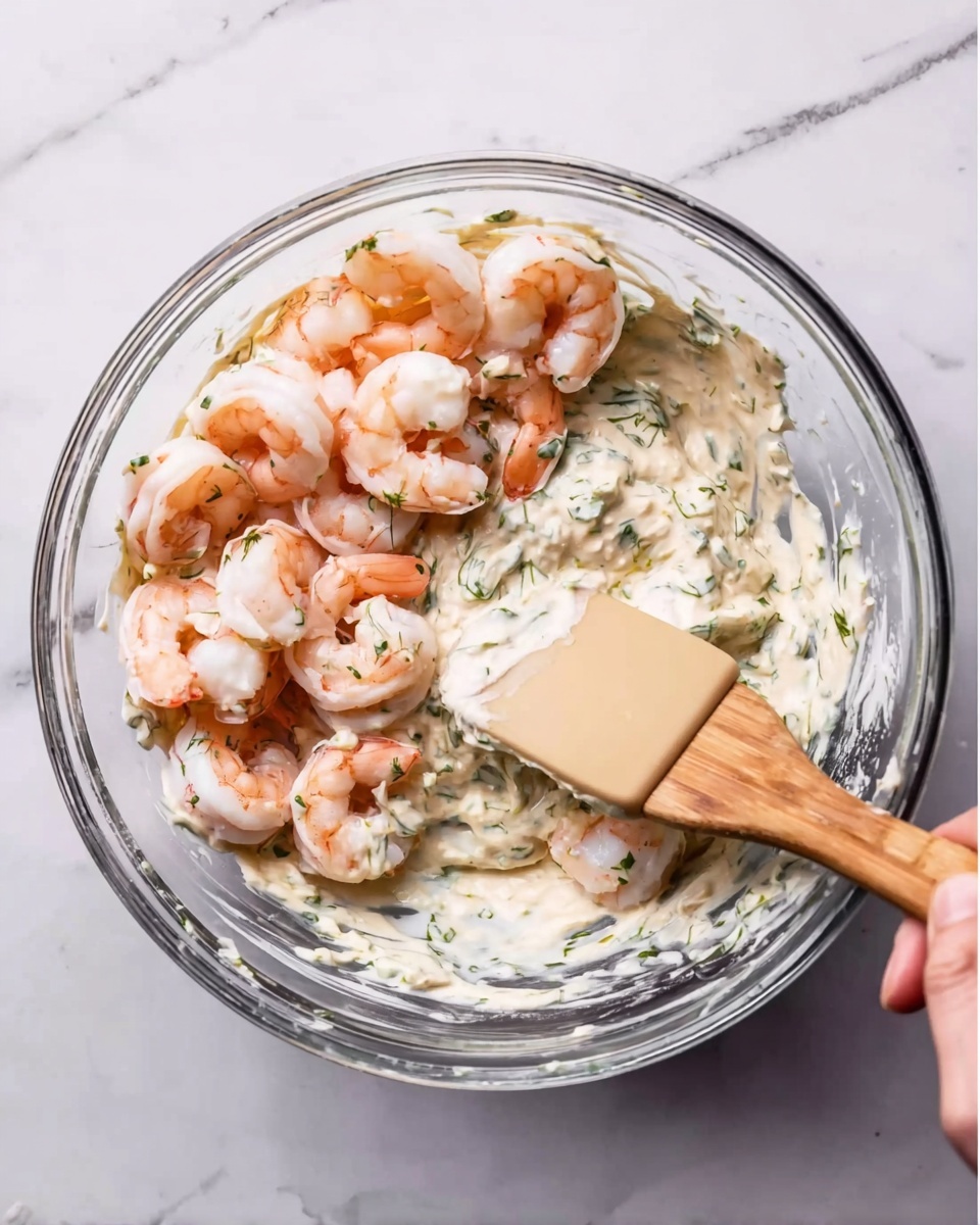 A clear glass bowl sits on a white marbled surface, filled with a creamy mixture that has small green herb pieces visible, topped with pink and white cooked shrimp arranged on one side. A wooden spatula with a beige silicone head is partially submerged in the mixture, held by a woman's hand coming into the frame from the right side. The shrimp have a slight curve and a glossy texture, contrasting with the thick, textured creamy sauce below. Several more shrimp sit scattered nearby on the marbled surface. Photo taken with an iphone --ar 4:5 --v 7