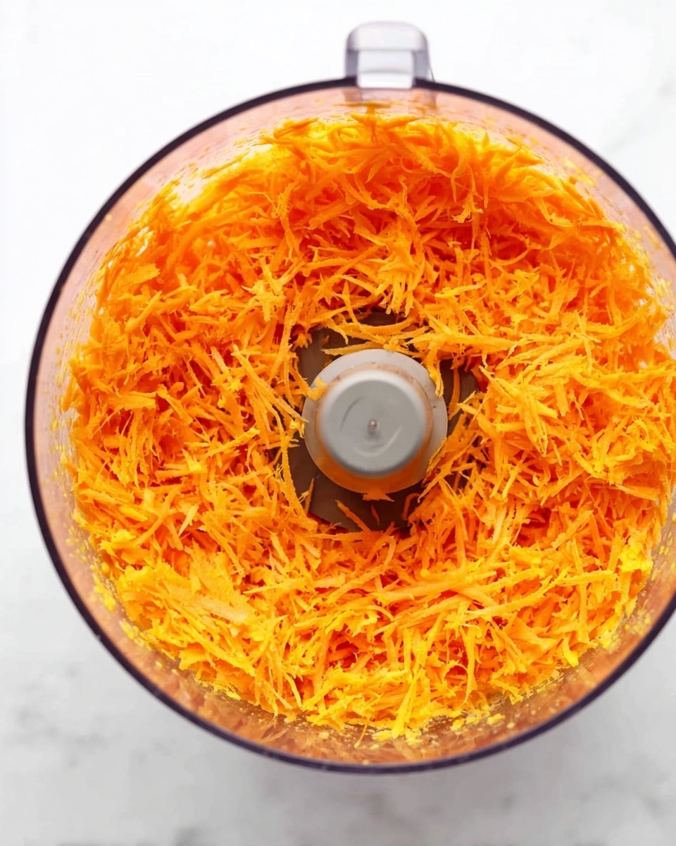 The image shows a round clear food processor bowl filled with finely shredded bright orange and yellow carrots. The shredded carrots are loosely piled inside the bowl, with thin, soft-looking strands evenly spread out, creating a textured surface. The food processor blade sits in the middle under the carrots, partially visible through the shredded pieces. The bowl is placed on a white marbled surface. Photo taken with an iphone --ar 4:5 --v 7
