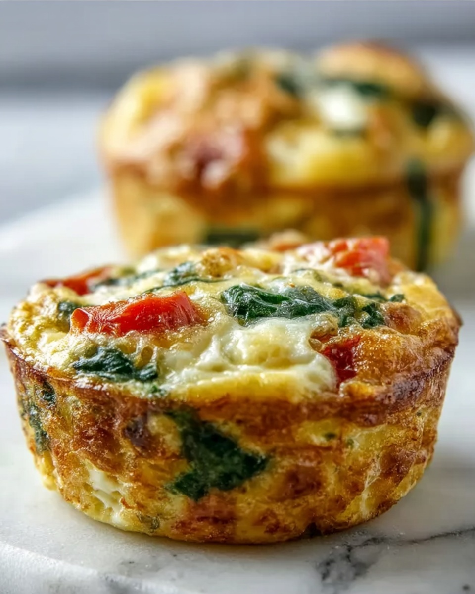 The image shows two small egg muffins on a white marbled surface. The front muffin is in clear focus, while the one behind is blurred. Each muffin has a thick, golden-brown top layer of cooked eggs mixed with melted cheese, with visible green spinach leaves and small pieces of red tomato. The muffins have a slightly crispy, browned edge that rises higher than the center, revealing a soft, fluffy inside full of mixed vegetables. The colors are warm and natural, showing a fresh and homemade look. photo taken with an iphone --ar 4:5 --v 7