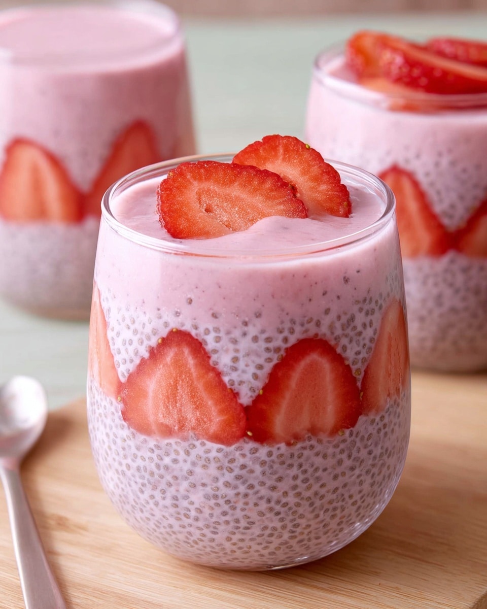 There is a clear glass filled with two main layers: the bottom layer is pink with visible small black chia seeds spread throughout, mixed with several slices of red strawberries pressed against the glass. The top layer is the same pink chia mixture, smooth and thick, slightly above the rim of the glass. Three thin strawberry slices are placed on top as garnish. In the background, two more clear glasses filled with the same pink chia mixture and strawberry slices are visible, all set on a light wooden surface. Photo taken with an iphone --ar 4:5 --v 7