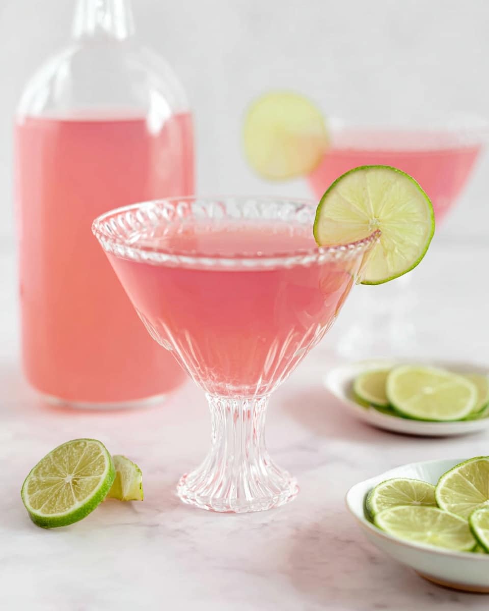 Two clear textured cocktail glasses filled with a pink drink are shown, each glass garnished with a green lime slice on the rim. The glasses have a wide, scalloped top and a thick, ribbed stem. In the background, there is a tall glass bottle with the same pink liquid inside. On the white marbled surface, there are several round lime slices, some on a small white plate and others directly on the surface. The overall scene is bright and fresh with a clean and simple setup. Photo taken with an iphone --ar 4:5 --v 7