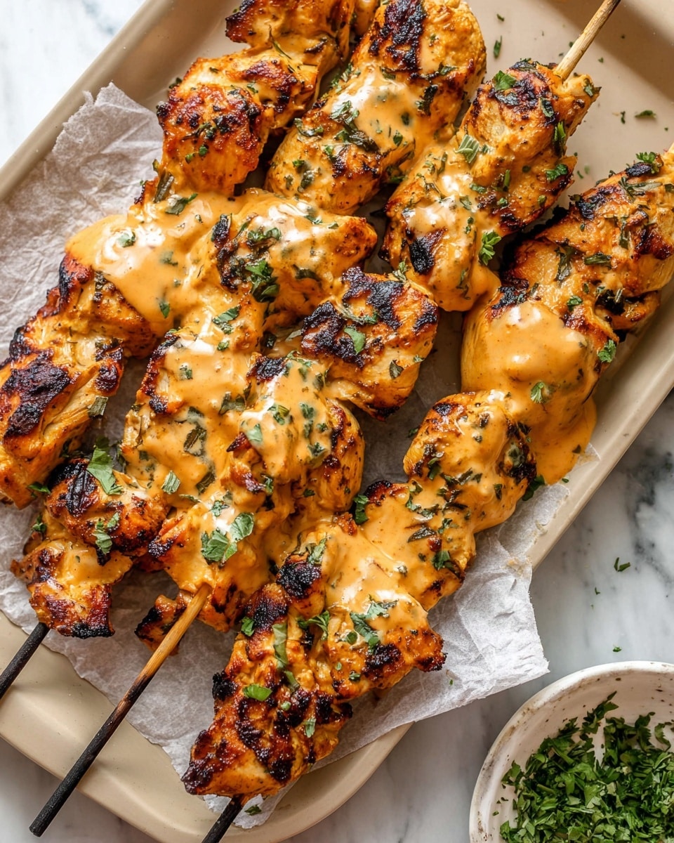 The image shows five skewers of grilled chicken pieces arranged closely on a beige tray. Each skewer is covered with a creamy orange sauce that drapes over the charred, golden brown chicken, adding a glossy texture. Small green herb leaves are sprinkled on top, giving a fresh contrast to the warm colors. The chicken pieces are uneven but plump, with some darker roasted edges. The tray is set on a white marbled surface, and part of a white bowl with green herbs is visible at the bottom right corner. Photo taken with an iphone --ar 4:5 --v 7