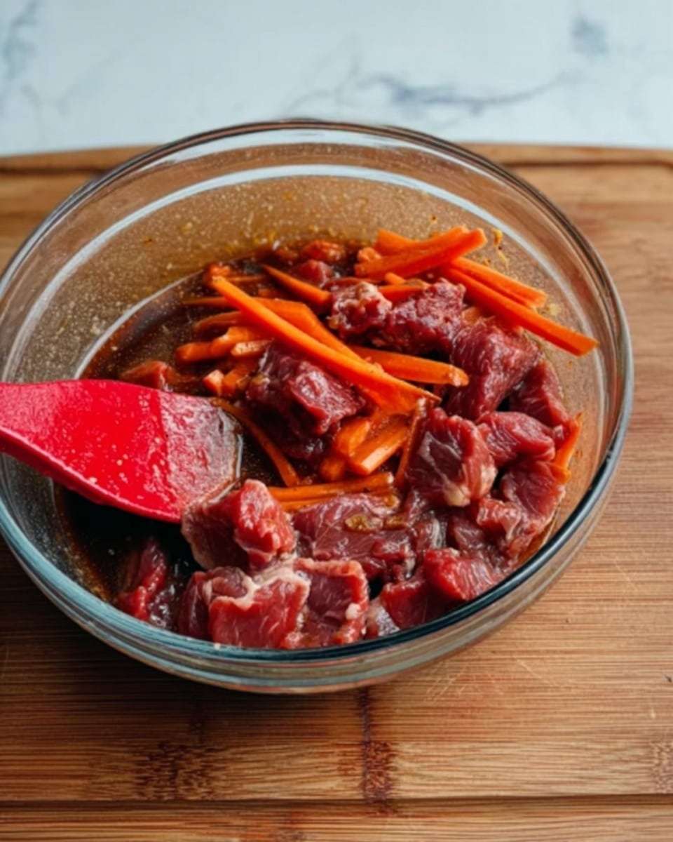 A clear glass bowl filled with raw red meat pieces mixed in a dark sauce with orange carrot sticks. A red spatula is placed inside the bowl, resting on the meat and sauce. The bowl sits on a wooden board, which is on a white marbled surface. photo taken with an iphone --ar 4:5 --v 7