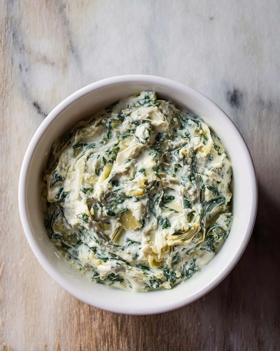 A white bowl filled with a creamy dip that has a mix of pale white and green colors from chopped spinach evenly spread throughout. The texture looks smooth with some small chunks of artichoke mixed in, giving it a slightly chunky appearance. The bowl is placed on a white marbled surface which contrasts with the creamy dip inside. The lighting is soft and natural, highlighting the freshness of the ingredients. photo taken with an iphone --ar 4:5 --v 7