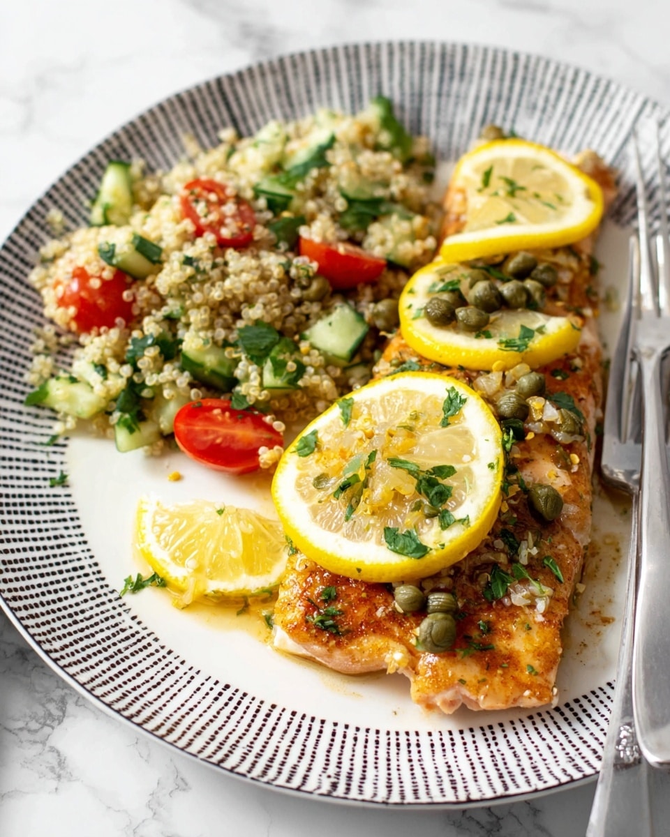 On a white plate with a black and white patterned rim, there is a piece of cooked fish topped with bright yellow lemon slices, green capers, and small chopped fresh herbs. The fish has a golden brown, slightly crispy surface with bits of cooked garlic. Next to the fish is a fresh quinoa salad made of white quinoa grains mixed with red cherry tomato halves, green cucumber slices, and chopped green herbs. The plate is set on a white marbled surface, with a silver fork resting beside the fish. Photo taken with an iphone --ar 4:5 --v 7