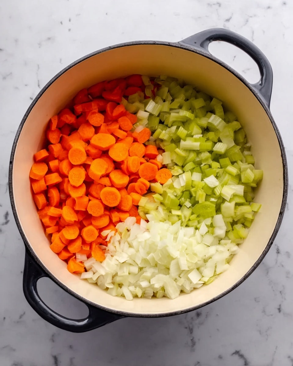 The image shows a white pot with black handles on a white marbled surface. Inside the pot, there are three layers of chopped vegetables arranged in separate sections: bright orange carrot slices at the top right, light green celery pieces at the bottom left, and finely chopped white onions at the bottom right. The textures of the vegetables are fresh and slightly shiny. The pot’s interior is cream-colored, contrasting with the colorful vegetables inside. photo taken with an iphone --ar 4:5 --v 7