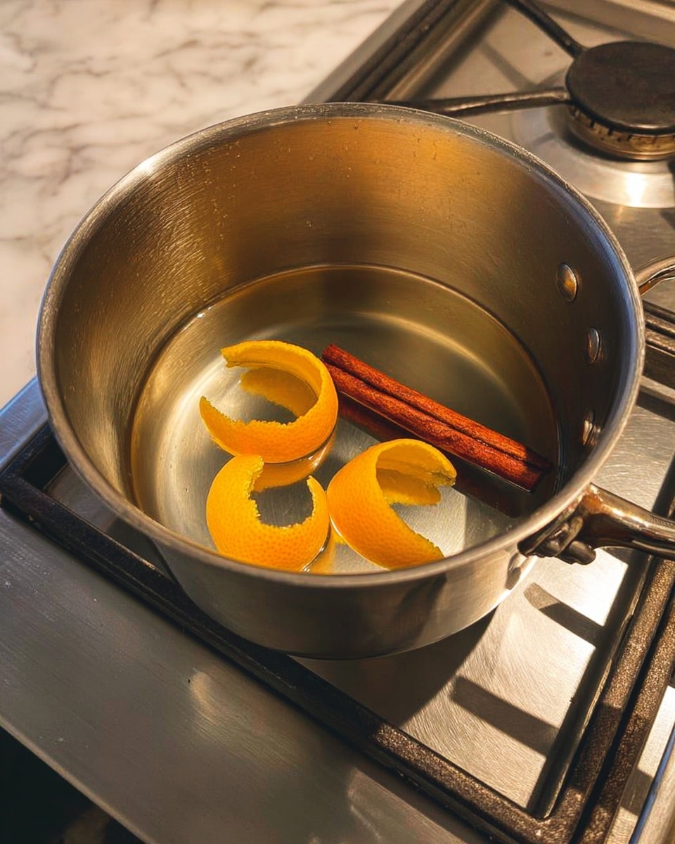 A shiny metal pot placed on a gas stove burner shows three curled orange peels floating inside with a single cinnamon stick resting horizontally among them. The pot's interior reflects the soft light, and the background is a white marbled surface visible around the stove. Photo taken with an iphone --ar 4:5 --v 7