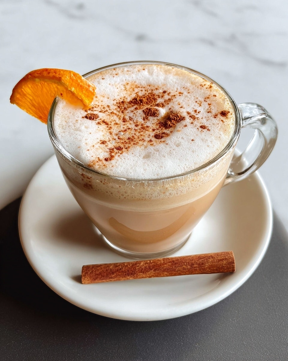 A tall clear glass filled with a light beige creamy drink over ice cubes sits centered on a white saucer, all placed on a white marbled surface. On top of the drink is a thick layer of white whipped cream sprinkled with a fine dusting of brown cinnamon powder. A bright orange slice is placed at the rim of the glass, adding a pop of color against the pale creamy drink and white cream. The glass has detailed condensation droplets, making the drink look cold and refreshing. Photo taken with an iphone --ar 4:5 --v 7