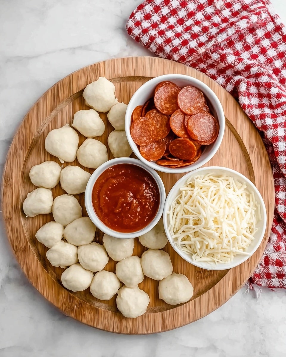 The image shows a round wooden board on a white marbled surface with small dough balls arranged in a loose pile on one side. There are three small white bowls on the board: one filled with small pepperoni slices, one filled with shredded mozzarella cheese, and one filled with red marinara sauce. A red and white checkered cloth is placed in the top right corner of the board. Photo taken with an iphone --ar 4:5 --v 7