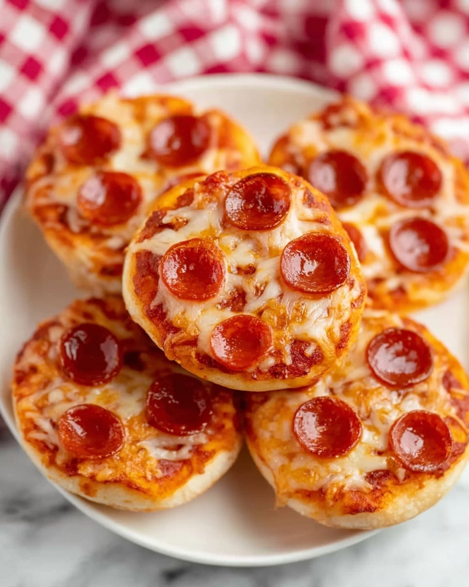 The image shows a stack of small round mini pizzas on a white plate. Each pizza has a golden-brown crust base with a layer of melted light orange cheese and small round slices of pepperoni evenly spread on top. The cheese looks smooth and slightly bubbly, covering the base but leaving the edges of the crust clear. The pepperoni slices are shiny and slightly red with darker edges, placed in a way that almost covers the cheese. The plate sits on a white marbled surface with a blurred red and white checkered cloth in the background. photo taken with an iphone --ar 4:5 --v 7