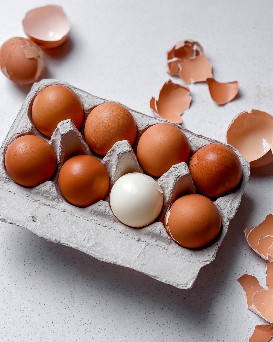 A carton holds ten eggs arranged in two rows of five, with nine eggs showing smooth brown shells and one egg near the front right partially peeled, revealing its smooth white surface beneath. Surrounding the carton are scattered brown eggshell pieces resting on a white marbled texture. The carton itself is a light gray color with a rough, recycled paper texture. The lighting highlights the eggs’ natural shine, and the scene is clear and neat. Photo taken with an iphone --ar 4:5 --v 7