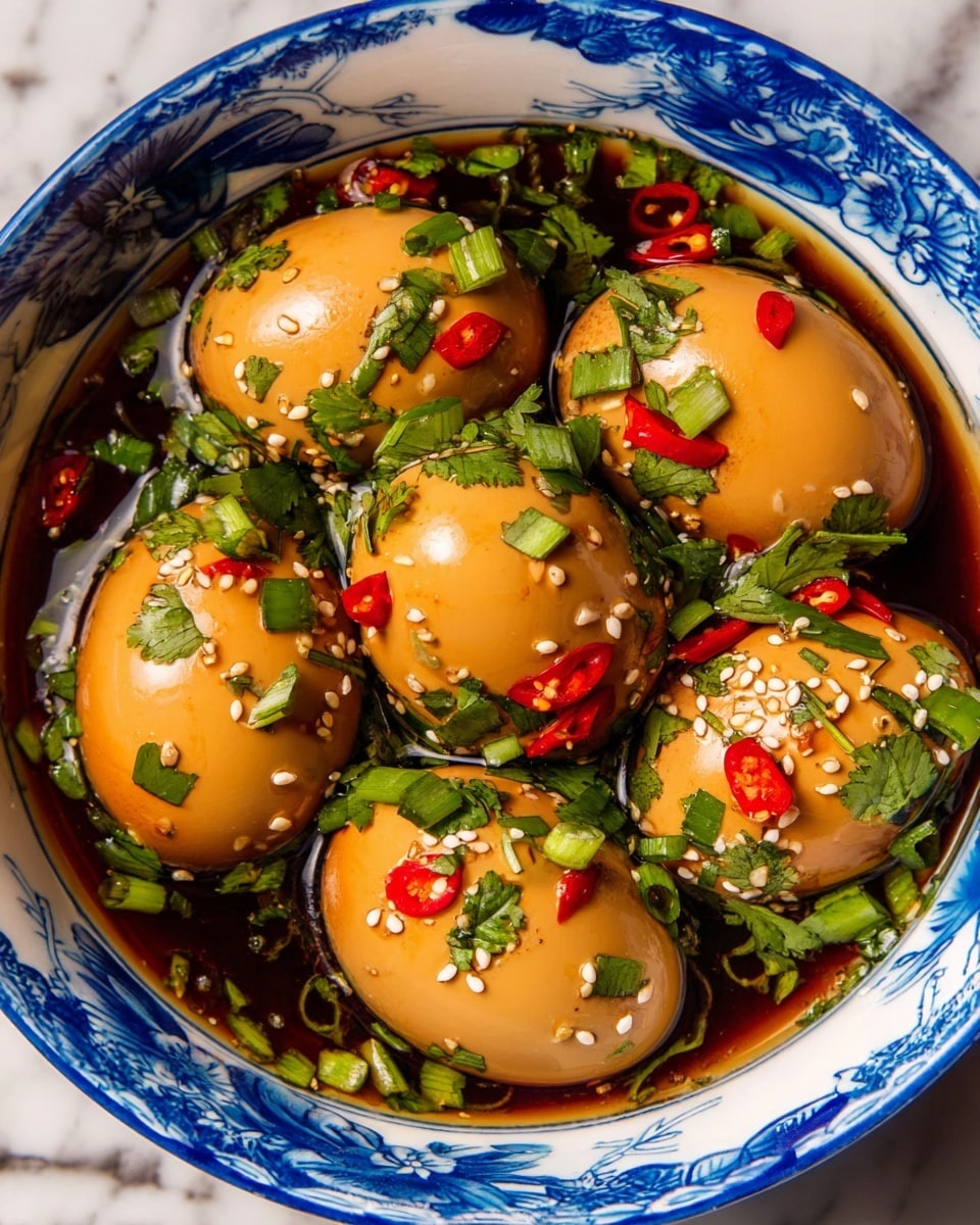 A bowl with six smooth, shiny brown eggs partially peeled and fully soaked in dark soy sauce liquid, sprinkled with small white sesame seeds, chopped bright green scallions, cilantro leaves, and pieces of red chili pepper scattered on top and around the eggs, all inside a white bowl with a blue floral pattern, placed on a white marbled surface. photo taken with an iphone --ar 4:5 --v 7
