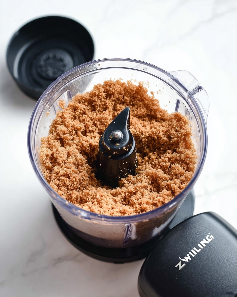 A close-up image showing a clear plastic blender container filled with finely ground brown crumbly mixture, resting on a white marbled surface. The container is open with a black lid placed nearby on the left side and a black blender base with the brand name