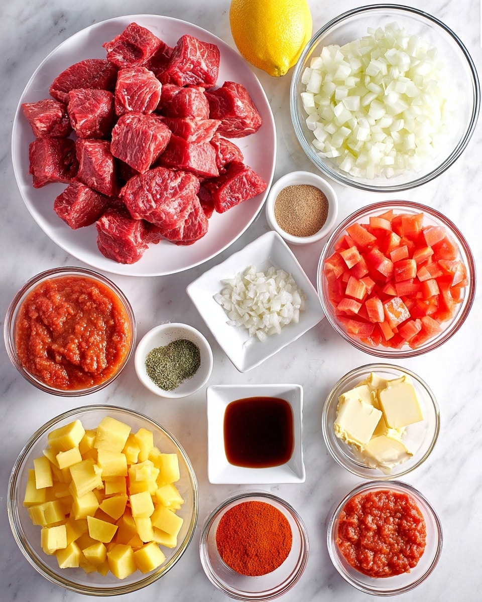 A white plate filled with many pieces of raw red meat sits at the top left corner. To the right is a whole yellow lemon. Below the lemon, a clear glass bowl holds chopped red tomatoes. Next to that, a bigger clear glass bowl is full of diced white onions. Below the meat plate, a white square dish has two green spices stacked on one side, and a white round dish filled with dark brown liquid sits beside it. Near the center, a white square dish contains finely chopped white garlic. To the right of the garlic, a white round dish holds chunky red tomato sauce. Below the garlic, there is a clear small round bowl with red powder, and next to it, a clear bowl with chopped orange carrots. At the bottom left corner, a clear glass bowl is filled with yellow cubed pieces that look like potatoes. To the right of that is a tiny clear bowl with thick dark red sauce, and next to it, a white square dish holds sliced yellow butter. To the right, a small clear bowl contains light brown powder, and beside it, another clear bowl holds more reddish powder. All the items rest on a white marbled surface. photo taken with an iphone --ar 4:5 --v 7