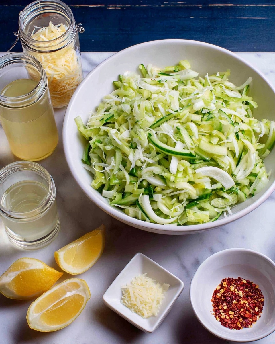 A large white bowl holds finely sliced green and pale green vegetables with a mix of light green and white strips filling the bowl. Around the bowl are six small containers: a small glass jar with pale yellow shredded cheese, a white square dish with minced pale yellow garlic, a small white round bowl with red chili flakes, two small glass jars with pale yellow and white liquids, and two lemon wedges with bright yellow skin and pale yellow inside placed on a white marbled surface. The background is dark blue. Photo taken with an iphone --ar 4:5 --v 7