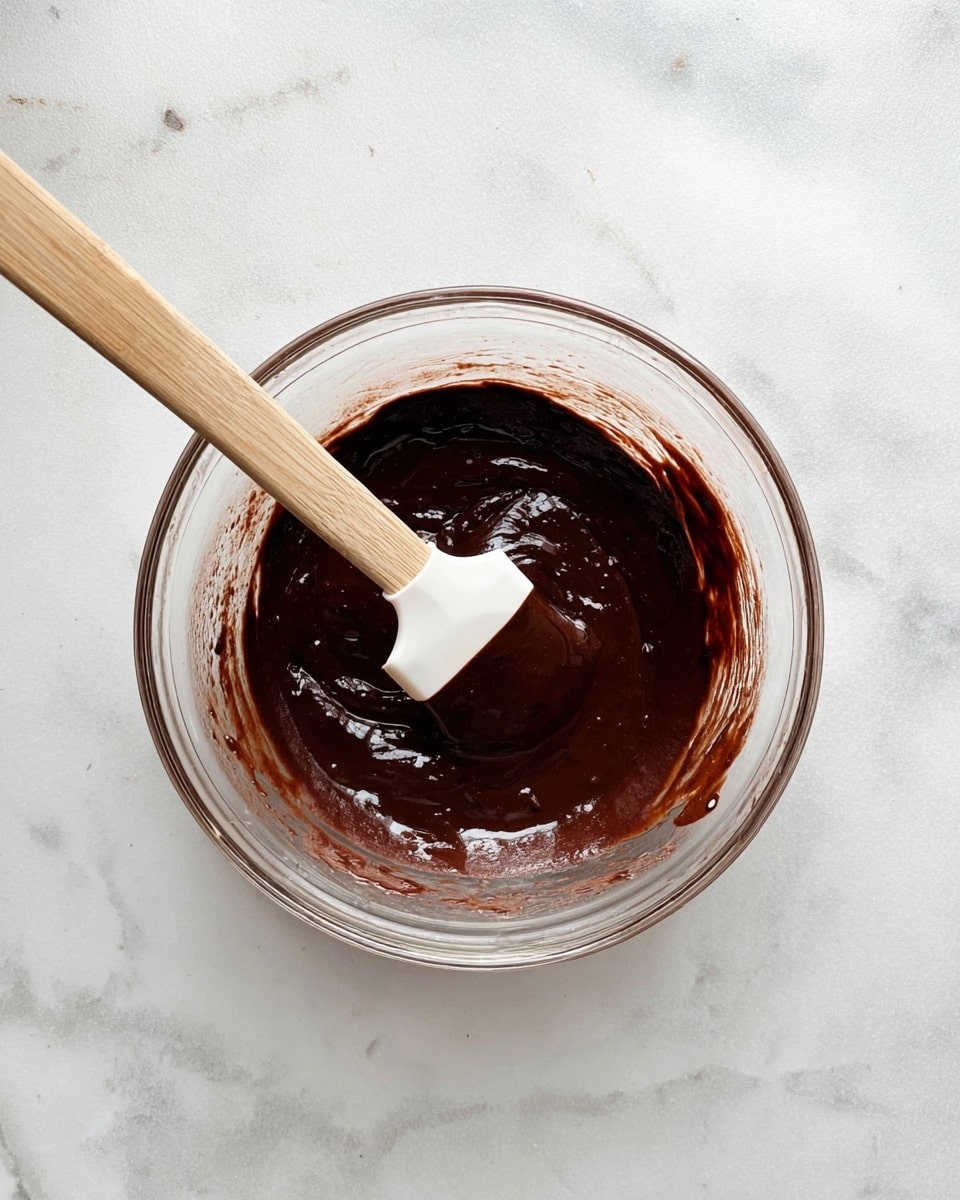 A clear glass bowl sits on a white marbled texture surface, filled halfway with a dark brown, smooth chocolate batter that has a glossy finish. Inside the bowl, a white silicone spatula with a wooden handle is dipped into the batter, partially covered with the thick mixture. The edges of the bowl have slight traces of batter, and the bowl’s round shape is clearly visible from the top view. The background shows subtle marbling patterns in light grey and white tones. Photo taken with an iphone --ar 4:5 --v 7