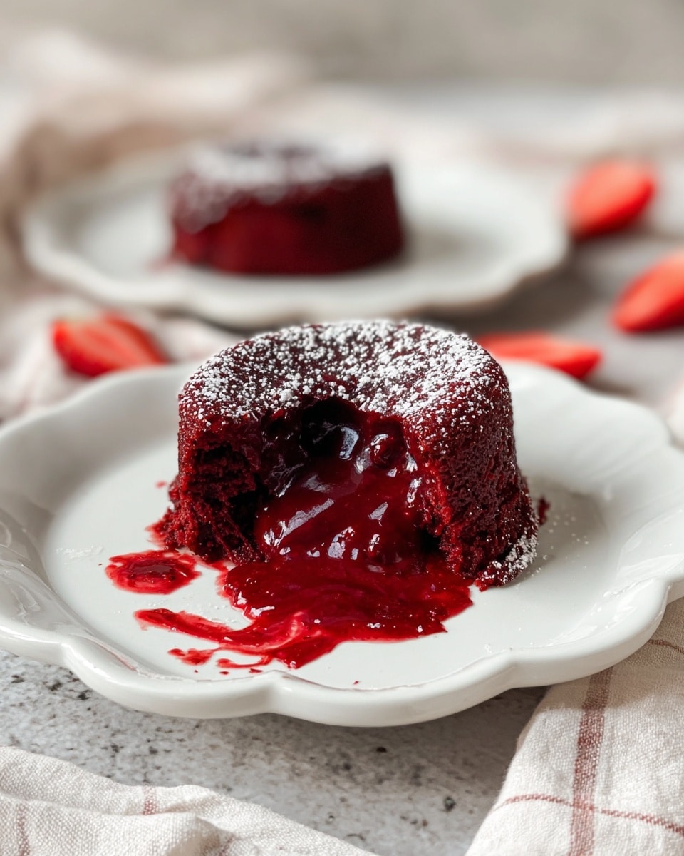 A small round red velvet lava cake with a deep red crust and a shiny, thick, flowing red center is placed on a white plate with scalloped edges. The cake is cut open, revealing its soft, gooey inside that spreads slightly onto the plate, creating red streaks. The top of the cake is dusted lightly with powdered sugar, adding a white contrast to the rich red. In the background, there is a second similar cake on another white plate, slightly blurred, both resting on a soft white cloth with a subtle checkered pattern. Small sliced strawberries are scattered around the plates on the white marbled texture surface. photo taken with an iphone --ar 4:5 --v 7