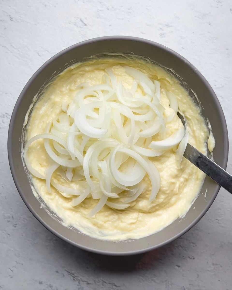 The image shows a gray mixing bowl on a white marbled surface, filled with a thick pale yellow batter. On top of the batter, there are many white slices of onion arranged loosely. A metal spoon is partially stuck into the batter at the right side of the bowl, showing how the batter is thick but smooth in texture. The overall look is creamy with the onion slices looking fresh and slightly translucent. photo taken with an iphone --ar 4:5 --v 7