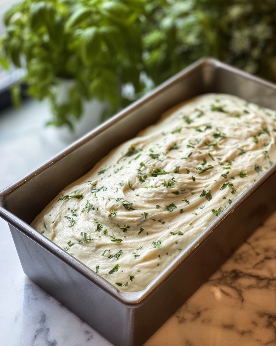 A rectangular metal loaf pan filled with a thick, creamy dough mixed with small green herbs on top. The dough surface is smooth with slight uneven swirls and scattered herbs, showing a fresh, moist texture. The pan sits on a white marbled surface with soft natural light coming from the left, and blurred green plants in the background. Photo taken with an iphone --ar 4:5 --v 7