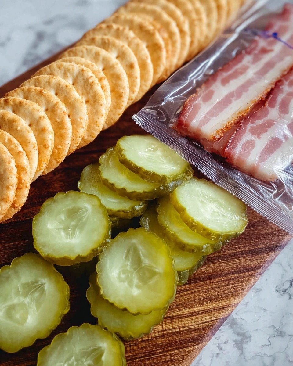 The image shows a wooden board with three rows of food items. On the left, there is a neat row of round golden crackers with slightly rough edges. In the middle, there is a row of shiny green pickle slices, each showing a bright center and a darker green outer edge. On the right side, there is a clear plastic package with strips of uncooked bacon visible inside, showing pinkish meat and white fat. The background surface is a white marbled texture. photo taken with an iphone --ar 4:5 --v 7