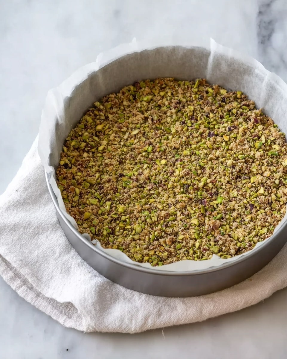 The image shows a round baking pan lined with white parchment paper, filled with a dense layer of a crumbly mixture that looks like crushed nuts and seeds with small bits of green, possibly pistachios. The mixture forms an even, flat layer that covers the bottom of the pan. The pan is placed on a folded white cloth on a white marbled surface. Photo taken with an iphone --ar 4:5 --v 7