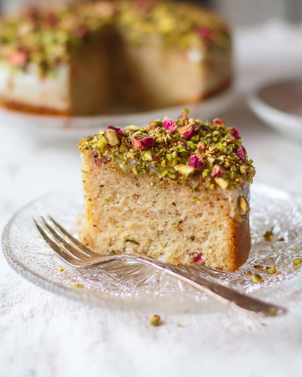A single slice of light beige cake with a moist and soft texture sits on a clear glass plate with intricate patterns. The cake has one main layer topped with a thick layer of finely chopped green pistachios and small red flower petals that add color and texture. A vintage-style silver fork is placed on the plate beside the cake. The plate is resting on a textured white cloth, and the background is a white marbled texture with blurred slices and a whole cake showing the same colors and layers. photo taken with an iphone --ar 4:5 --v 7