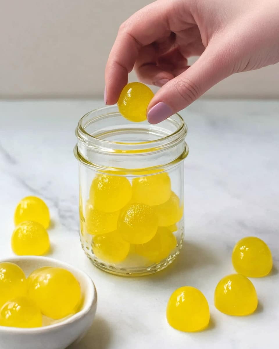 A close-up image showing a woman's hand holding a small yellow jelly candy above a clear glass jar filled with more yellow jelly candies. On the white marbled surface behind the jar, there are several more yellow jelly candies scattered around. In the bottom left corner, a white bowl holds a few more of the yellow candies. The candies are shiny, smooth, and dome-shaped, with a glossy texture reflecting light. Photo taken with an iphone --ar 4:5 --v 7