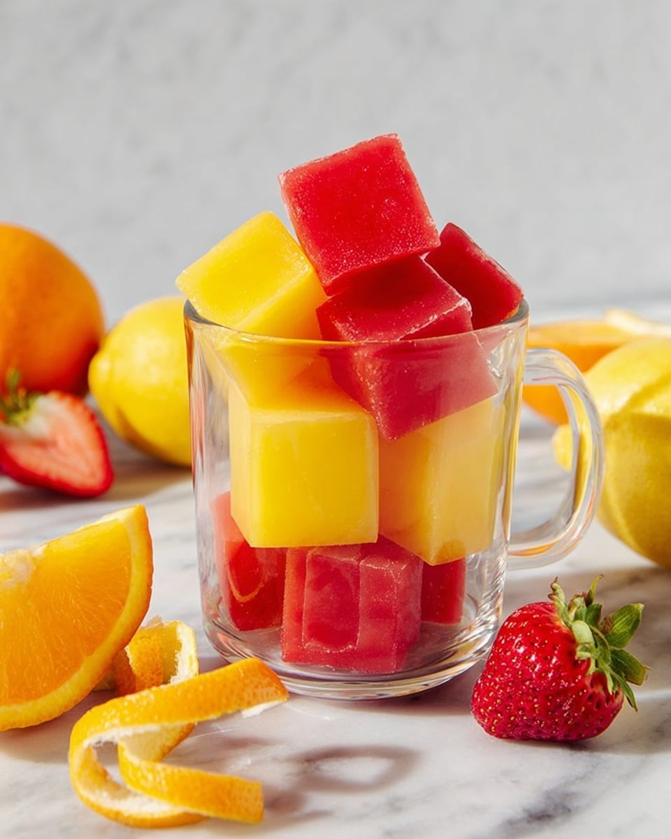 A clear glass measuring cup is filled with bright red and yellow ice cubes stacked neatly, showing about three layers of cubes inside. The red cubes are smooth and rich in color, while the yellow cubes are equally smooth and vibrant, creating a colorful contrast. Around the cup on a white marbled surface are scattered whole and halved citrus fruits including oranges, lemons, and a fresh strawberry adding a natural touch. A peeled orange slice with some peel curls is placed in the left foreground. The light is soft, and the image is bright, focusing sharply on the colorful ice cubes and fresh fruit, photo taken with an iphone --ar 4:5 --v 7