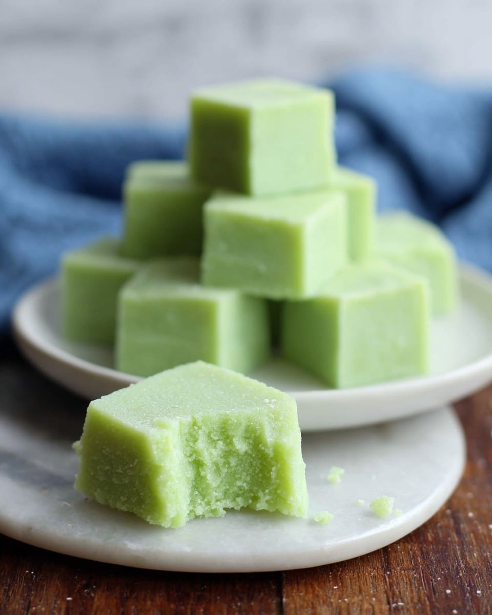 The image shows small square pieces of light green fudge with a smooth, slightly crumbly texture. There is one piece in the front with a bite taken out, showing the soft inside. Behind it, a white plate is stacked with more of these green fudge squares, arranged in a small pile. The plate rests on a wooden surface with a blue cloth in the background, and the whole scene is set on a white marbled texture surface. photo taken with an iphone --ar 4:5 --v 7