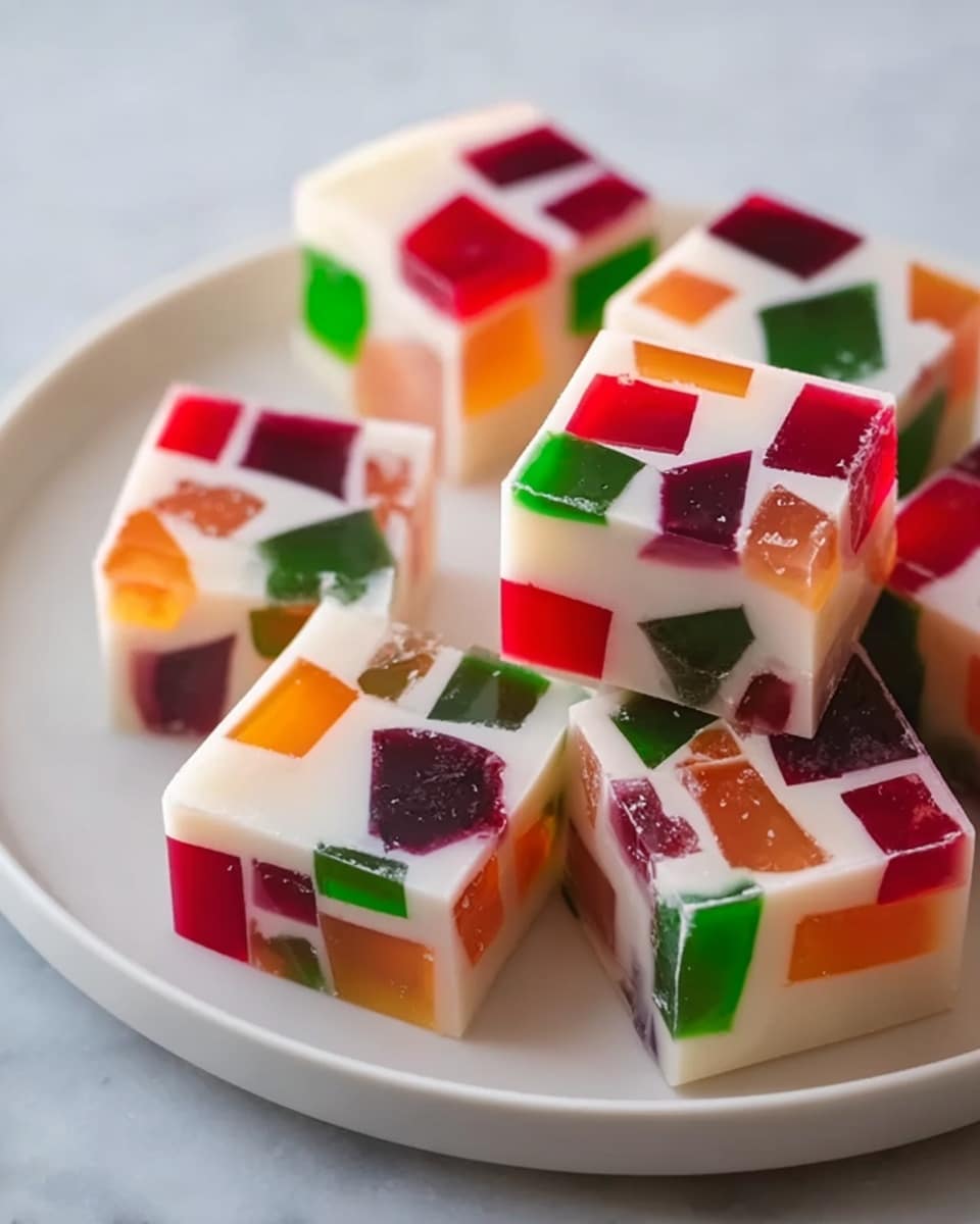 This image shows a white round plate on a white marbled surface holding several square jelly pieces. Each square has multiple layers of colorful, translucent jelly cubes inside a creamy white jelly base. The colorful cubes are red, green, orange, purple, and dark pink, scattered evenly inside each piece, giving a mosaic effect. The texture looks smooth and shiny, and the jelly blocks are neatly cut with clear edges. Photo taken with an iphone --ar 4:5 --v 7