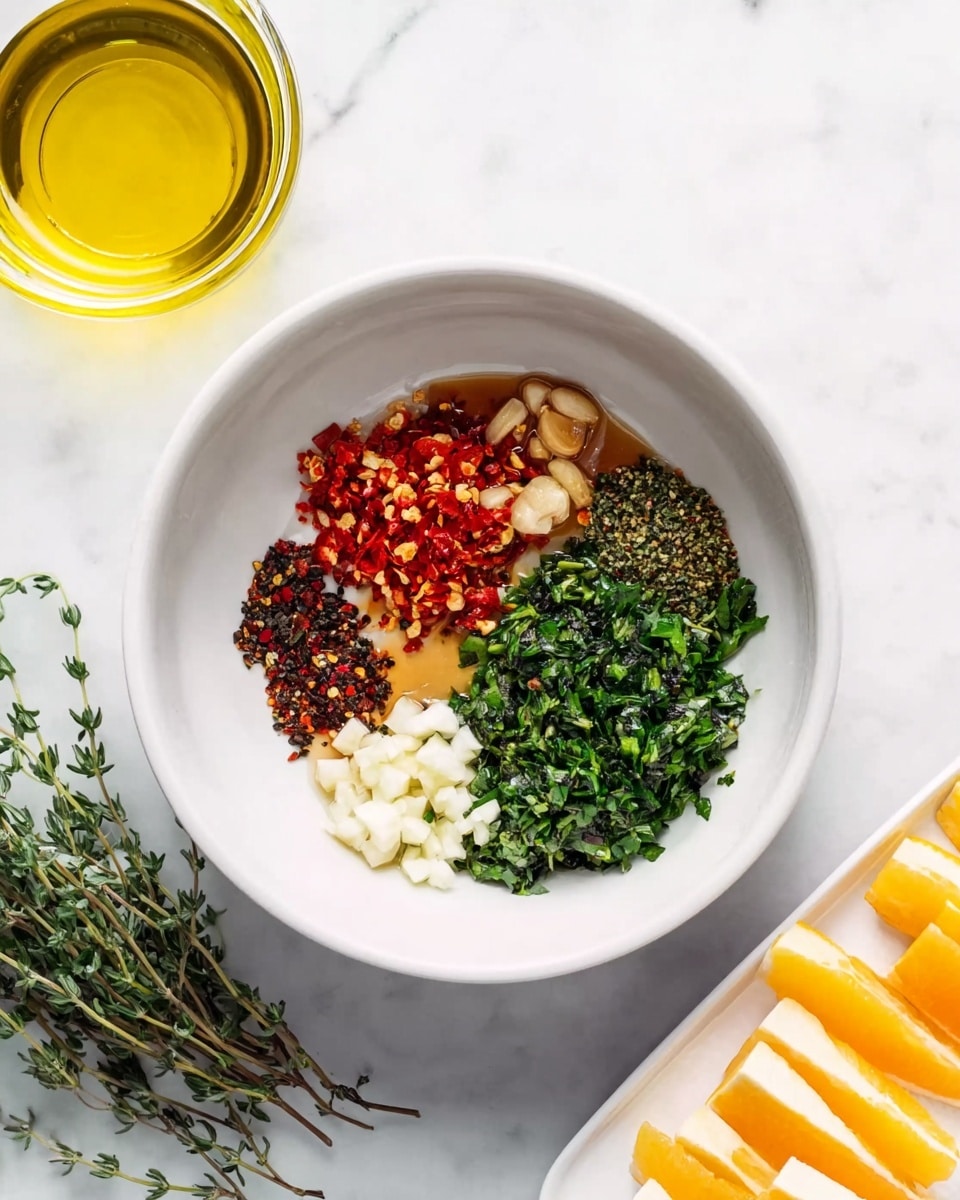 A white bowl on a white marbled surface holds separate layers of chopped ingredients arranged side by side. On the top left, there are small green herb sprigs with a soft, leafy texture. Below them, small red diced pieces form a bright patch. To the left of those red pieces, dark red chili flakes add contrast with their small, uneven shapes. In the bottom right section of the bowl, a large area is filled with finely chopped green herbs, showing fresh, slightly curled leaves. Above this green herb layer is a light brown liquid, possibly oil or sauce, mixing with small bits of minced garlic near the edge. To the left of the bowl, a clear glass cup filled with yellow oil rests on the white marbled surface, and in the bottom right corner, a white plate with slices of yellow and white food arranged alternately is partially visible. photo taken with an iphone --ar 4:5 --v 7
