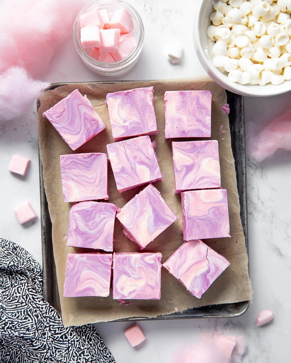 This image shows 18 small squares and rectangles of pink and purple swirled fudge arranged on parchment paper, which is placed on a dark baking tray. The fudge pieces have a smooth, creamy texture with delicate marbled patterns. In the top right corner, there is a white bowl filled with small white chocolate chips, some scattered on the white marbled surface around it. A glass jar partially appears on the top left, with some light pink fluffy cotton candy nearby. A black and white patterned cloth is partially visible in the bottom left corner. The whole scene is set on a white marbled surface. photo taken with an iphone --ar 4:5 --v 7