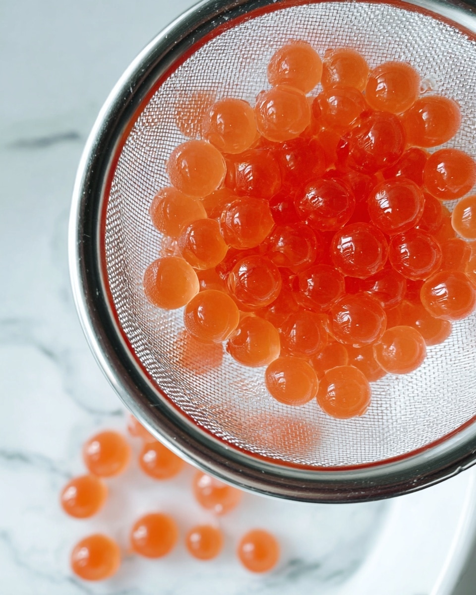 A tall clear glass is filled with three visible layers: a creamy white layer at the bottom, a light brown milky tea layer in the middle with a few ice cubes inside, and a fluffy white whipped cream layer at the top. Small, glossy dark brown tapioca pearls are scattered over the whipped cream and a few are on the white coaster under the glass. In the blurred background, there is another glass with a black straw holding a yellowish-orange drink. The whole scene is set on a smooth white marbled surface. photo taken with an iphone --ar 4:5 --v 7