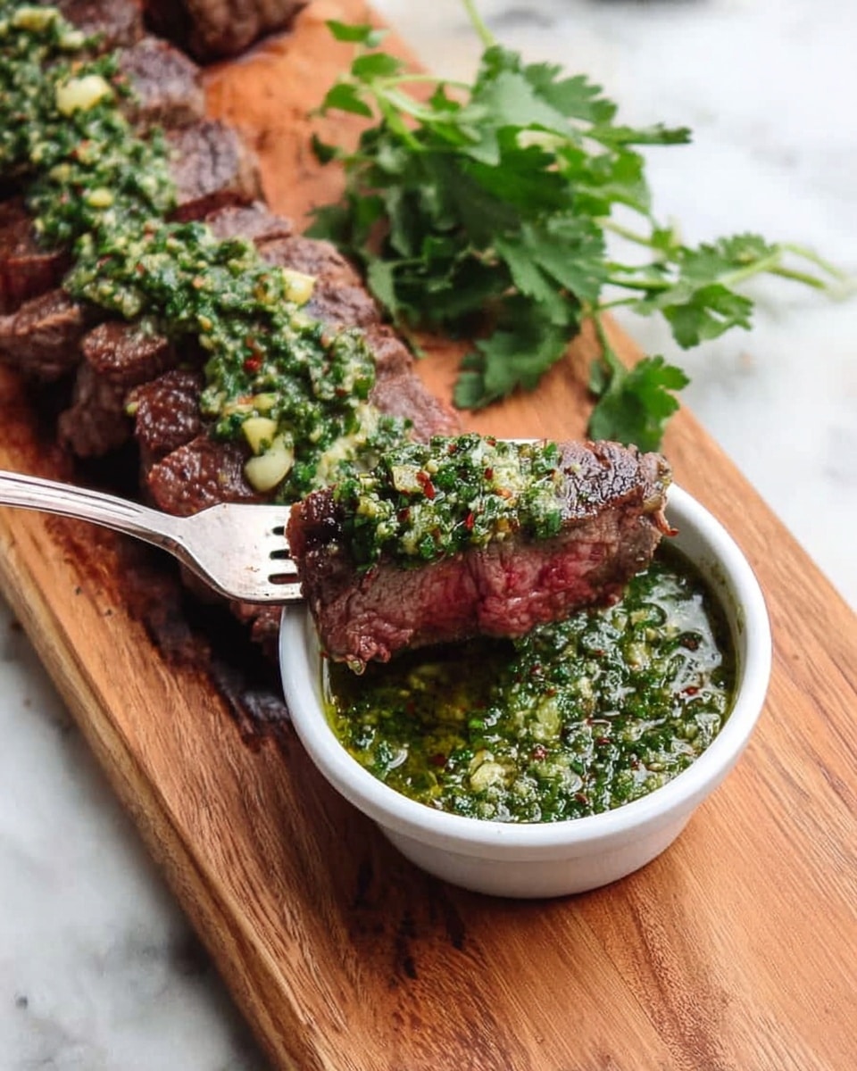 A wooden board holds a sliced steak arranged in a row, each piece topped with a green herb sauce that looks textured with small bits of garlic or nuts. One piece of steak is being held by a fork and dipped into a white bowl filled with the same green herb sauce, which has a slightly oily surface and a chunky texture. A small bunch of fresh green herbs rests next to the bowl. The background is a white marbled surface. photo taken with an iphone --ar 4:5 --v 7