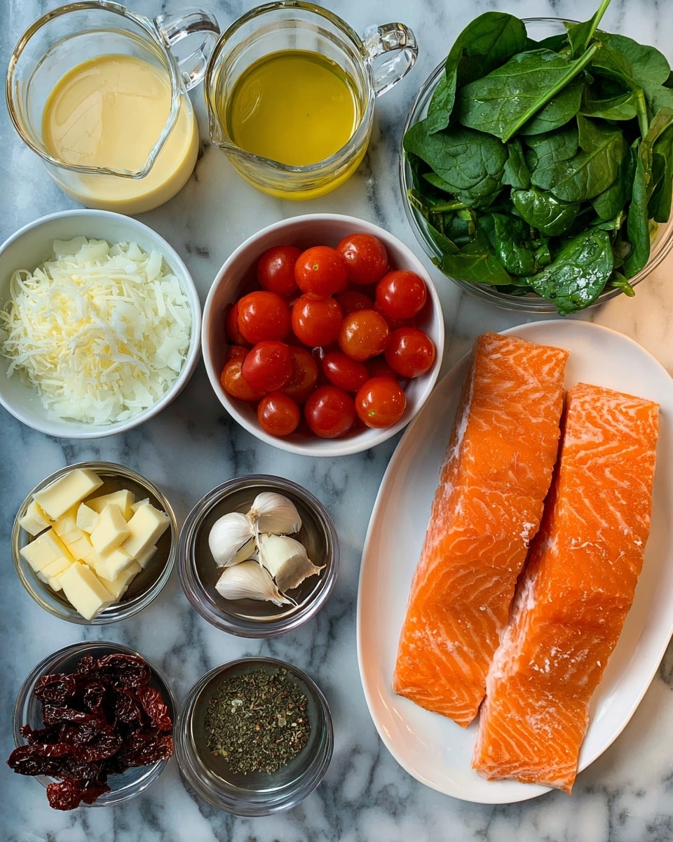 The image shows fresh ingredients arranged on a white marbled surface, including three bright orange salmon fillets placed side by side on a white plate in the top right. Around them are small white bowls filled with cherry tomatoes, chopped white onions, grated cheese, and fresh green spinach leaves. Two small measuring cups hold a yellowish liquid and a creamy white liquid. Small metal bowls contain peeled garlic cloves, a few sticks of yellow butter, dried dark brown sun-dried tomatoes, and a mix of salt and herbs. The colors range from green and red to orange and white, creating a fresh and appetizing display. photo taken with an iphone --ar 4:5 --v 7
