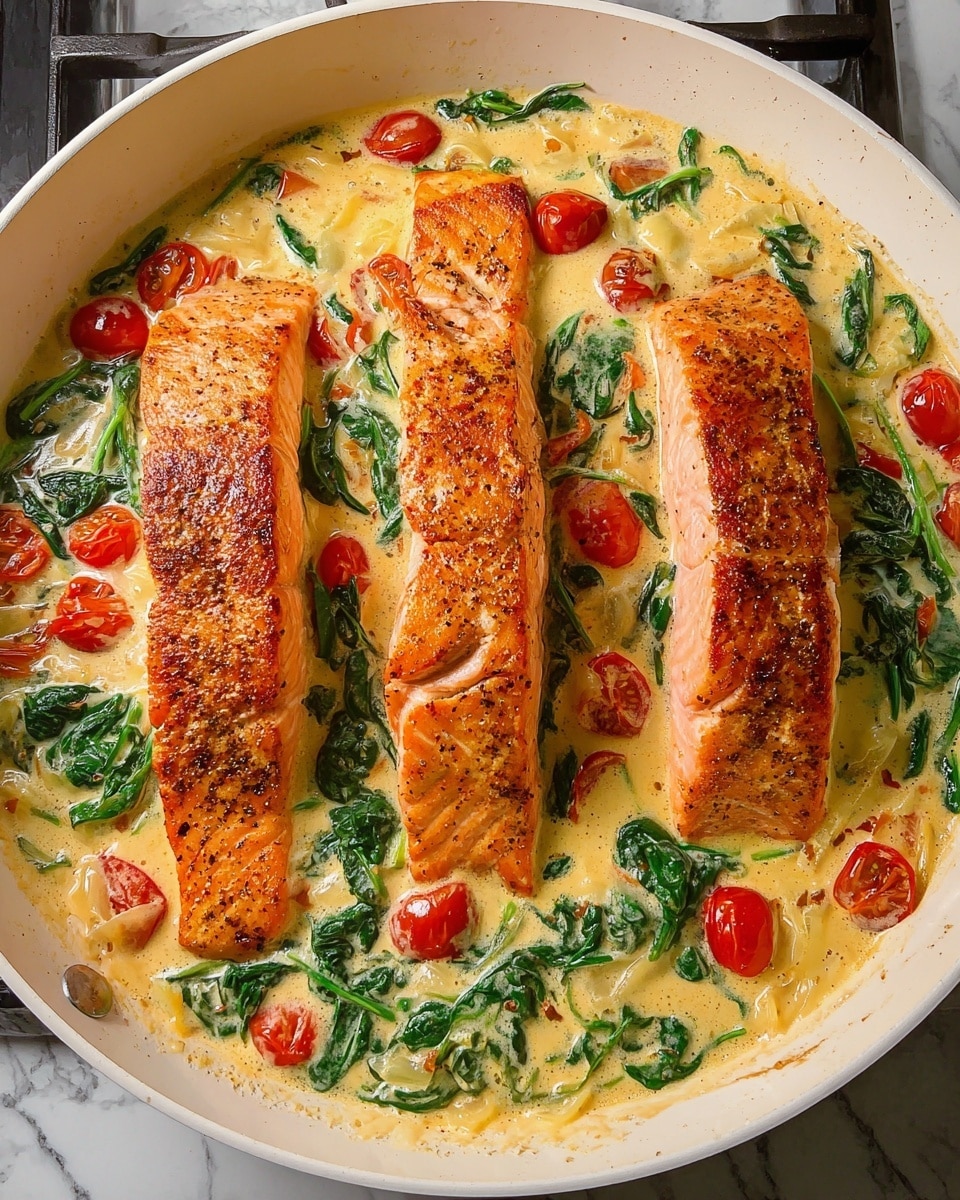 The image shows a white pan with three large pieces of cooked salmon on top. The salmon pieces are orange with a crispy, brownish outer layer and are positioned side by side in the pan. They are sitting in a creamy sauce that fills the pan, light beige in color with visible bubbling. Mixed in the sauce are bright green spinach leaves and halved red cherry tomatoes, spread evenly around the salmon. The pan is on a stove, and the background is white marbled texture. photo taken with an iphone --ar 4:5 --v 7