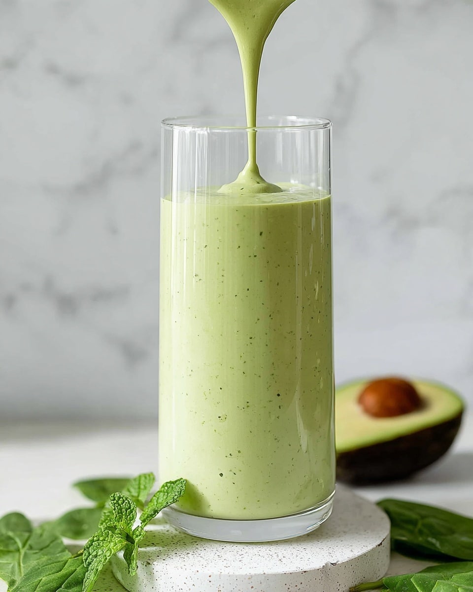 A tall clear glass filled nearly to the top with a thick, creamy light green smoothie that has tiny green specks throughout. The smoothie is being poured from above in a smooth steady stream, creating a small peak on the surface. The glass sits on a round white stand against a white marbled background. Around the base of the glass, fresh green spinach leaves, a half avocado, and green mint leaves are placed. Photo taken with an iphone --ar 4:5 --v 7