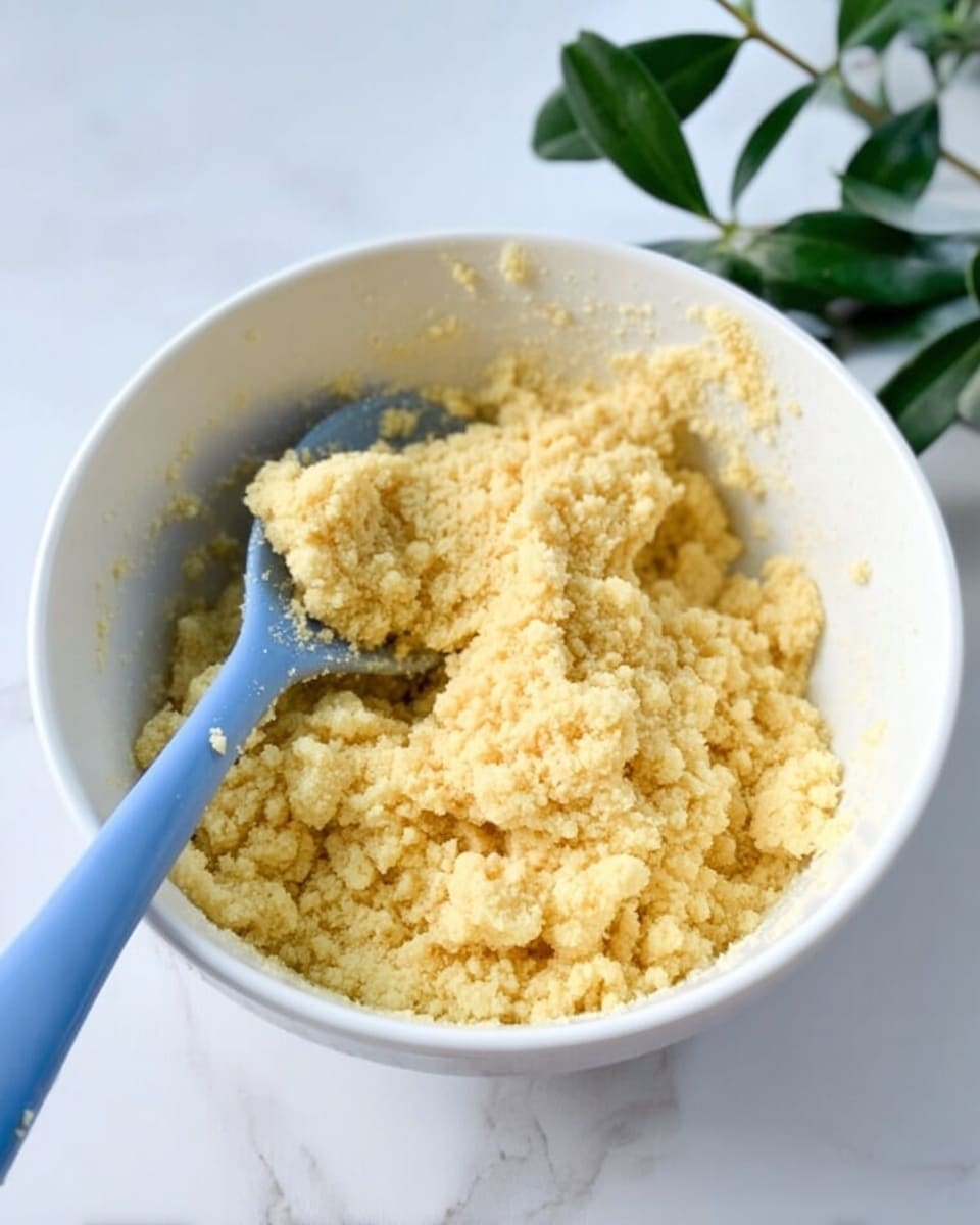 A white bowl filled with a light yellow, crumbly dough-like mixture with a rough texture. A blue spoon is resting inside the bowl, partially covered with the mixture. In the background, some green leaves add a fresh touch. The bowl sits on a white marbled surface. photo taken with an iphone --ar 4:5 --v 7