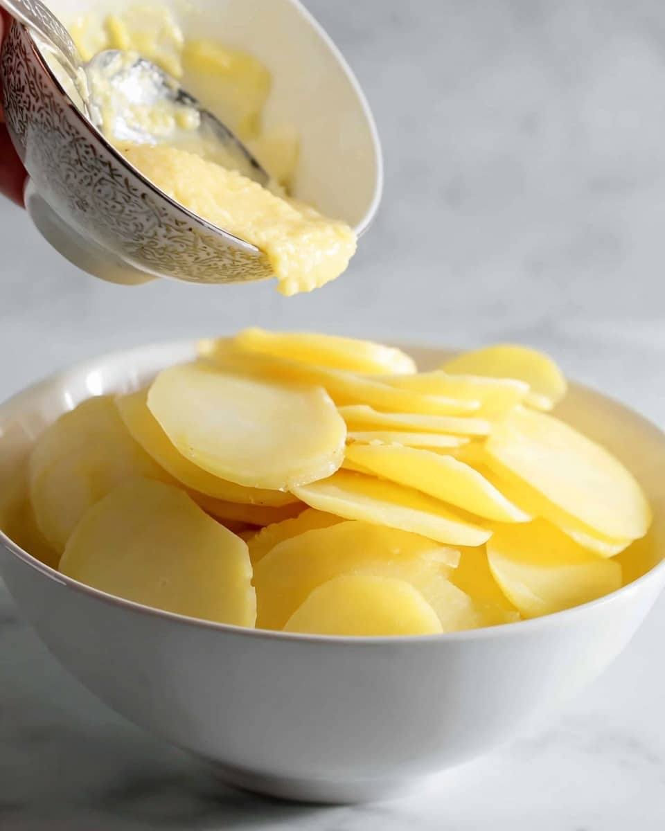 A white bowl filled with thin, smooth, yellow potato slices arranged in layers, showing a shiny and soft texture. A woman's hand is holding a white, patterned small bowl above it, pouring a thick pale yellow paste onto the potato slices with a silver spoon. The background has a white marbled texture. photo taken with an iphone --ar 4:5 --v 7