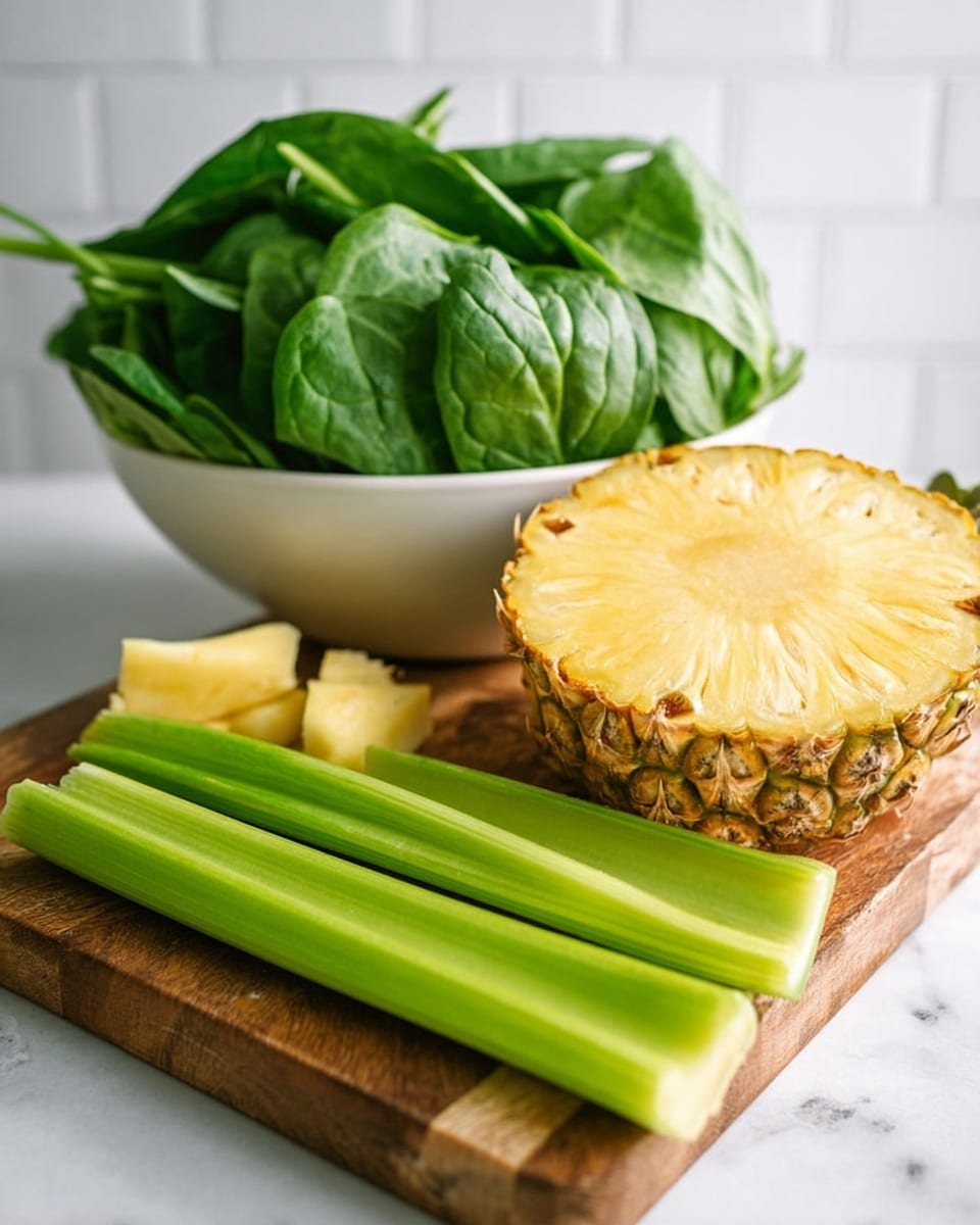 A white bowl filled with fresh dark green spinach leaves sits in the background on a white marbled surface. In front of the bowl, there is a wooden cutting board holding two bright green celery sticks placed parallel to each other with a small piece of peeled pale yellow ginger in front of them. Next to the celery sticks, there is a pineapple cut in half showing its juicy yellow inside and rough brown outer skin. The white tiled wall provides a clean backdrop. Photo taken with an iphone --ar 4:5 --v 7