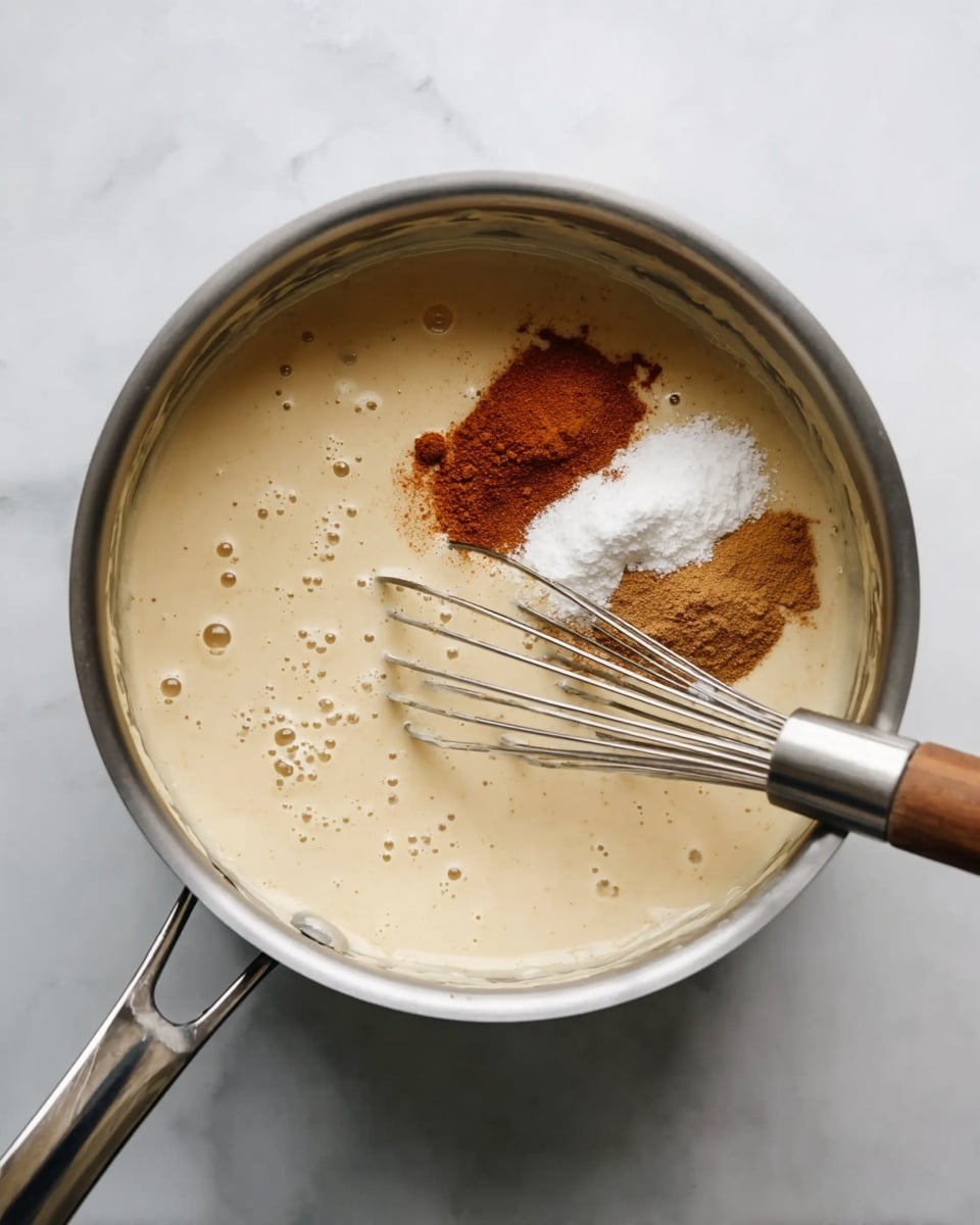 A metal pot filled with a thick, creamy beige batter, with several small bubbles visible on the surface. On the right side of the batter, there are three small piles of spice powders: two warm brown cinnamon piles and one white powder pile, sitting on top of the batter. A metal whisk is partially submerged in the mixture, resting on the spices. The pot sits on a white marbled surface. photo taken with an iphone --ar 4:5 --v 7