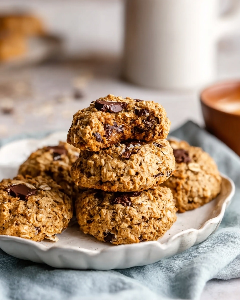 The image shows five thick cookies on a white plate with a scalloped edge, resting on a soft blue cloth over a white marbled surface. Two cookies are stacked in the front center, with the top one bitten in half, revealing the soft inside filled with dark brown chocolate pieces and light oats. The cookies have a rough, bumpy texture with visible oats and chocolate chips scattered across their golden-brown surface. In the blurred background, there is a large white ceramic cup and a small brown bowl. The scene is warm and inviting with a close-up focus on the cookies. photo taken with an iphone --ar 4:5 --v 7