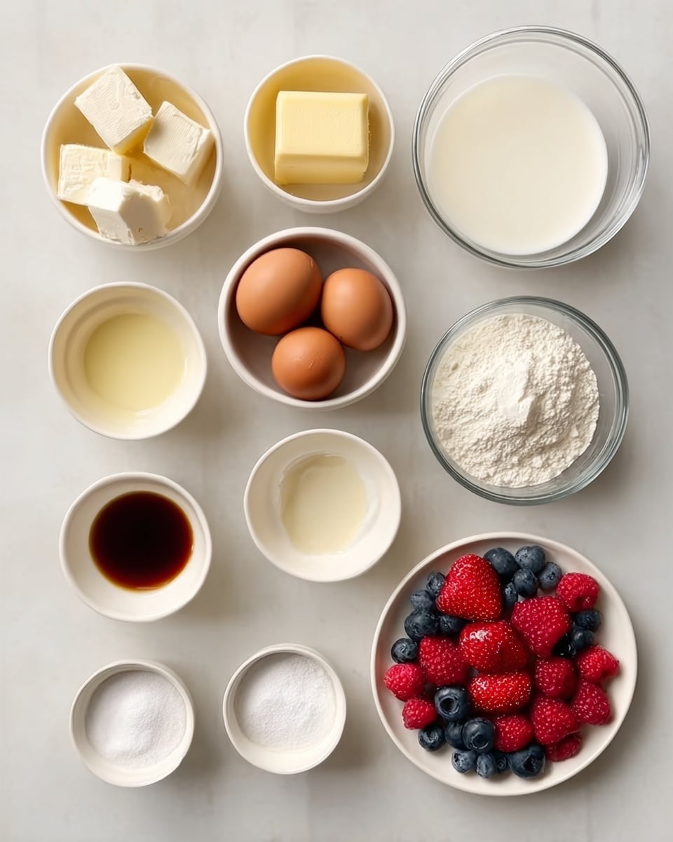The image shows a top view of various cooking ingredients arranged neatly on a white marbled surface. There are nine small white bowls and one clear glass bowl, each holding a different ingredient. From top left, there are three white cubes of cream cheese in a white bowl, a light yellow square of butter in another white bowl, a clear glass bowl with white milk below them, and next to it a white bowl with three brown eggs. Below these are two small white bowls, one with dark brown vanilla extract and the other with clear liquid. Below them are three more small white bowls containing white granulated sugar, white powdered flour, and white baking powder. At the bottom right, a small white plate holds a mix of fresh red strawberries, red raspberries, and blue blueberries. The ingredients are evenly spaced and the overall look is clean and organized. Photo taken with an iphone --ar 4:5 --v 7