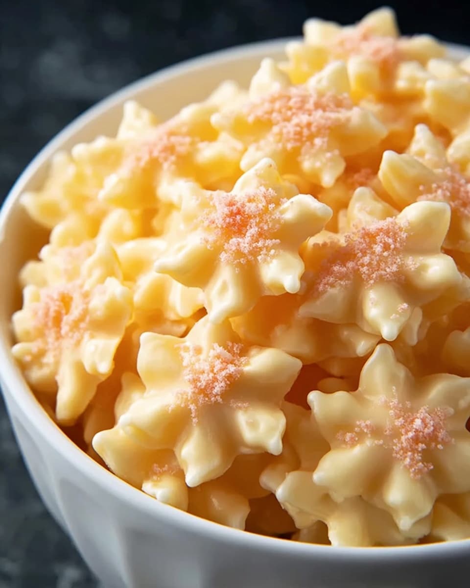 A close-up image of a white bowl filled with star-shaped creamy yellow pasta. Each pasta star has a smooth, glossy surface with soft edges and small dot details in the center. On top, there is a light sprinkling of pinkish powder that adds a delicate texture and color contrast. The bowl is full, showing the pasta piled high, almost overflowing. The background is dark, making the light-colored pasta and white bowl stand out clearly photo taken with an iphone --ar 4:5 --v 7