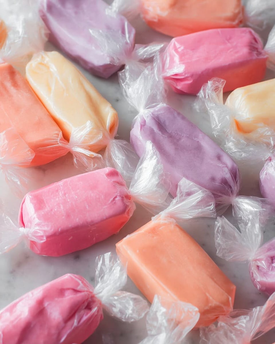 The image shows many rows of saltwater taffy candies wrapped in clear wax paper, arranged diagonally across a white marbled surface. Each taffy piece is rectangular and slightly shiny, with three main colors: soft pink, light orange, and lavender purple. The taffies are in neat groups, each color forming a separate row. The clear wrappers catch the light, showing folds and slight wrinkles on each sweet. photo taken with an iphone --ar 4:5 --v 7