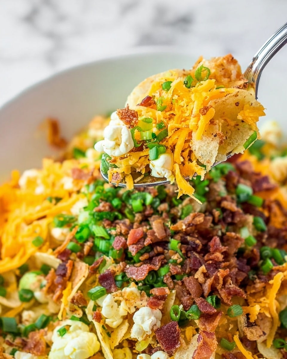 The image shows a close-up of a spoon holding a mix of potato chips, shredded yellow cheese, small popcorn pieces, chopped green onions, and crumbled brown bits of bacon. The background is a white bowl filled with the same ingredients layered thickly: a base layer of potato chips, a large amount of shredded yellow cheese on top, and a handful of chopped green onions and bacon pieces scattered over. The dish looks colorful with the yellow cheese, green onions, white popcorn, and brown bacon all mixed together. The background surface is a white marbled texture. Photo taken with an iphone --ar 4:5 --v 7