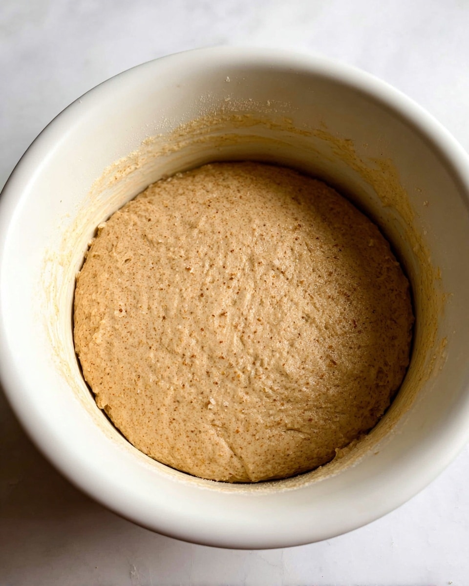 A white mixing bowl contains a single, thick round layer of risen dough that is light brown with a coarse texture, showing small bubbles and grainy bits on the surface. The dough fills most of the bowl, resting on the white marbled surface beneath. The inside sides of the bowl have light traces of dough residue. Photo taken with an iphone --ar 4:5 --v 7