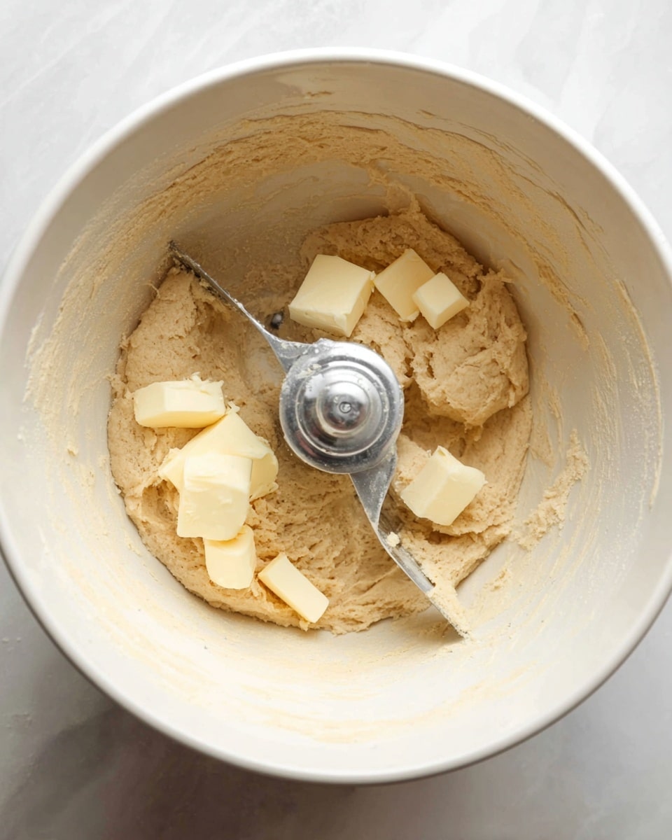 Inside a white mixing bowl, there is a light brown dough with a soft, smooth texture filling most of the bowl. On top of the dough, several small pieces of pale yellow butter are scattered unevenly around the edges. A metal mixing blade, slightly dusty with dough residue, is positioned diagonally inside the bowl, partially embedded in the dough. The bowl sits on a white marbled surface that shows subtle patterns and light reflections. photo taken with an iphone --ar 4:5 --v 7